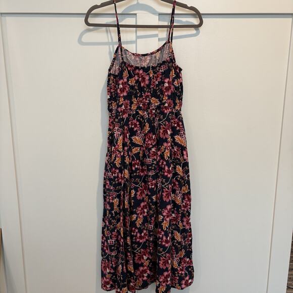 Boho Bloomcore Dress Women Small Navy Linen Blend Sundress Tiered Midi Pockets - Picture 10 of 15